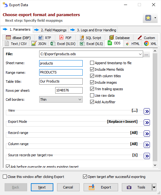 Exporting Data to OpenDocument spreadsheet