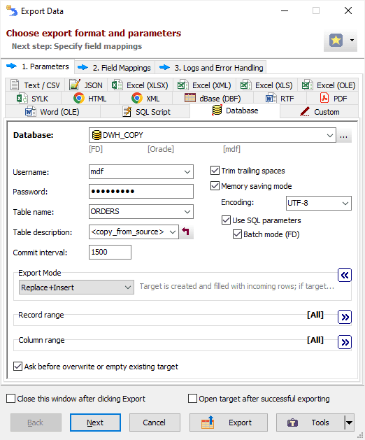 Exporting Data to Oracle