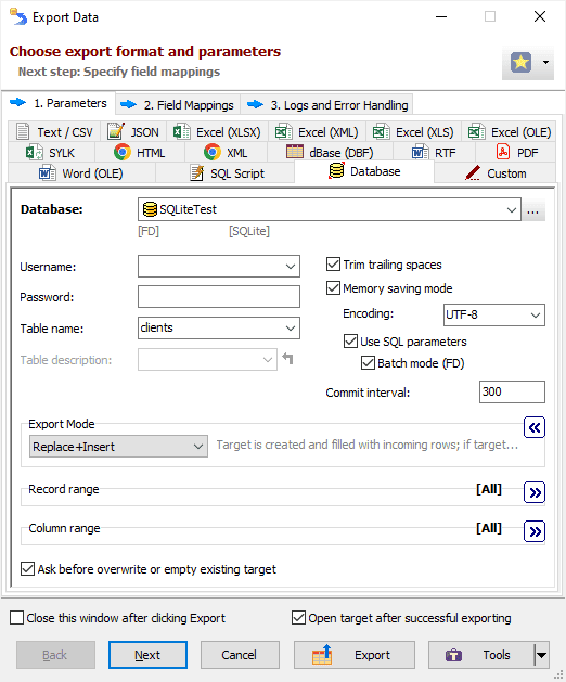Exporting a table to SQLite database