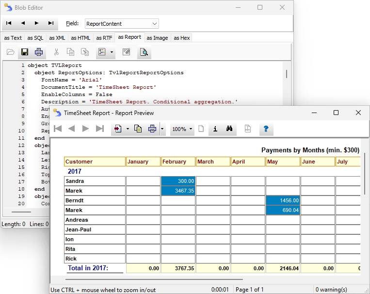 Report preview from Blob Editor